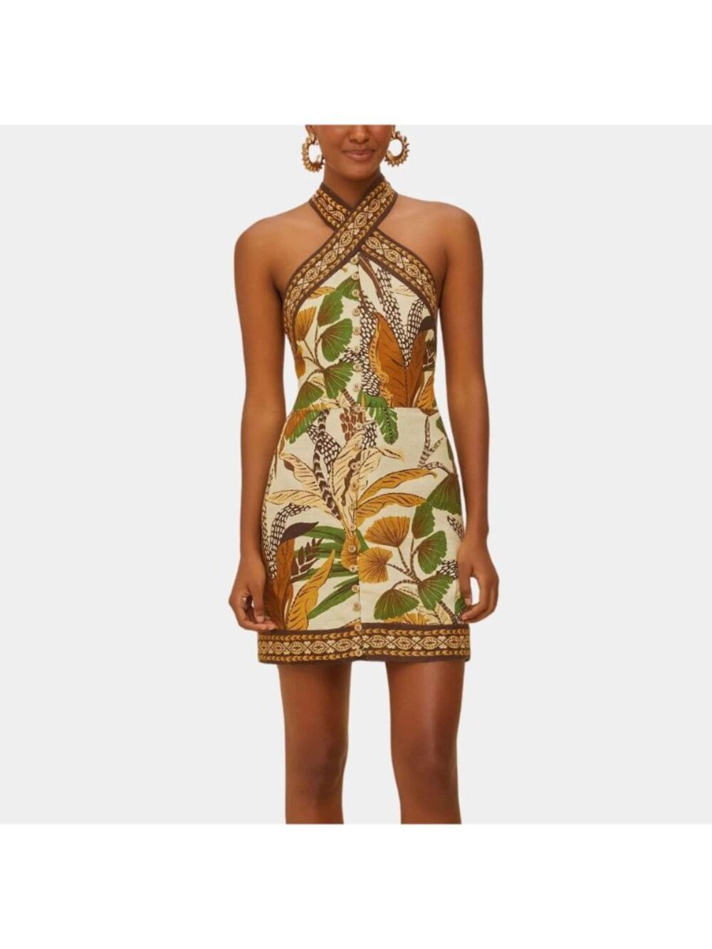 NWT Farm Rio Foliage Sketch Sand Halter Neck Linen Mini Dress Size XS - Picture 1 of 11